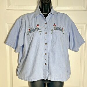 Citi Craze Shirt Women L Blue Embroidered Birdhouse Y2K Short Sleeve Button Up